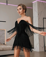 Summer Women Off Shoulder Bandage Dress Sexy Strapless Tassel Night Club Celebrity Evening Party Mini Bodycon Dress Vestido