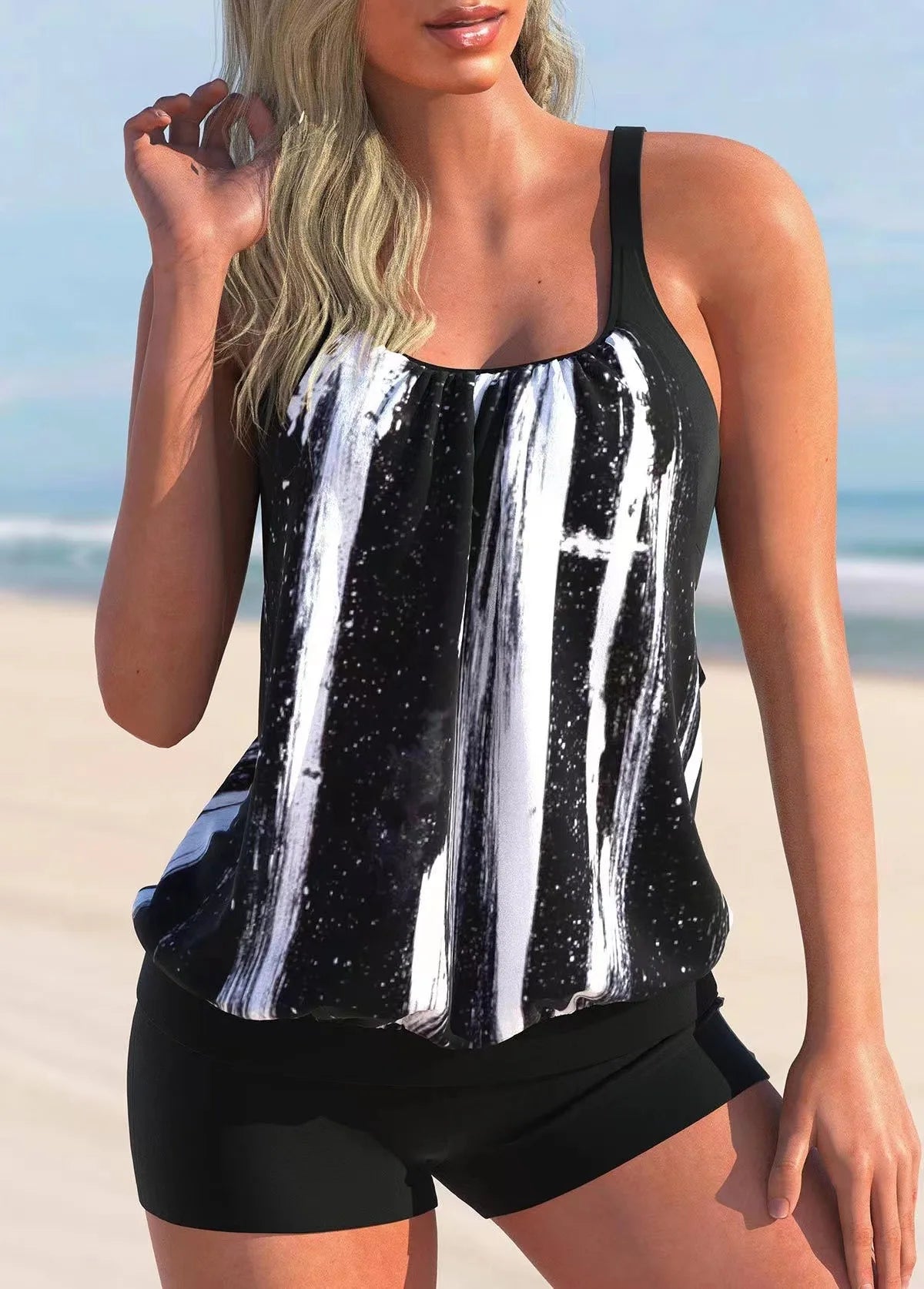 Nadanbao Women's Floral Leaf Print Swimsuit Conservative Bikini Swimwear V Neck Crisscross Tankini Set Sports Swimming Suit