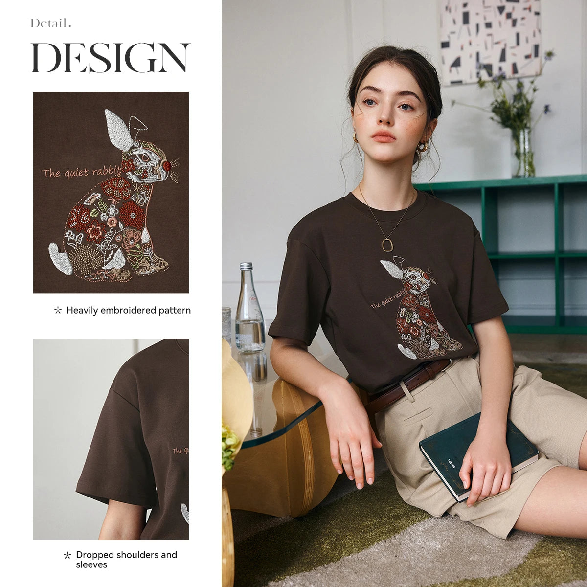 OLrain Women Oversized T-shirt 2026 Summer New Heavy Industry Embroidery Coffee Casual Tees Temperament Crew Neck Top O57XT98109