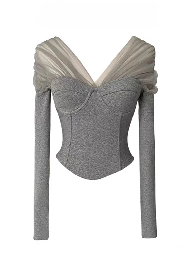 Hot Girl Mesh Spliced V-neck Long-sleeved T-shirts Women's Spring Autumn Pure Desire Style Inner Layering Short Bottoming Shirts