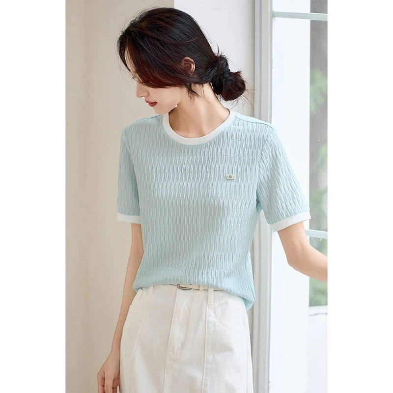 SENTUBILA Women's Short Sleeve Tee 2026 New Collection Pleated Casual Style Tops Summer Knitwear T-shirt Woman Clothes Q52TN1656