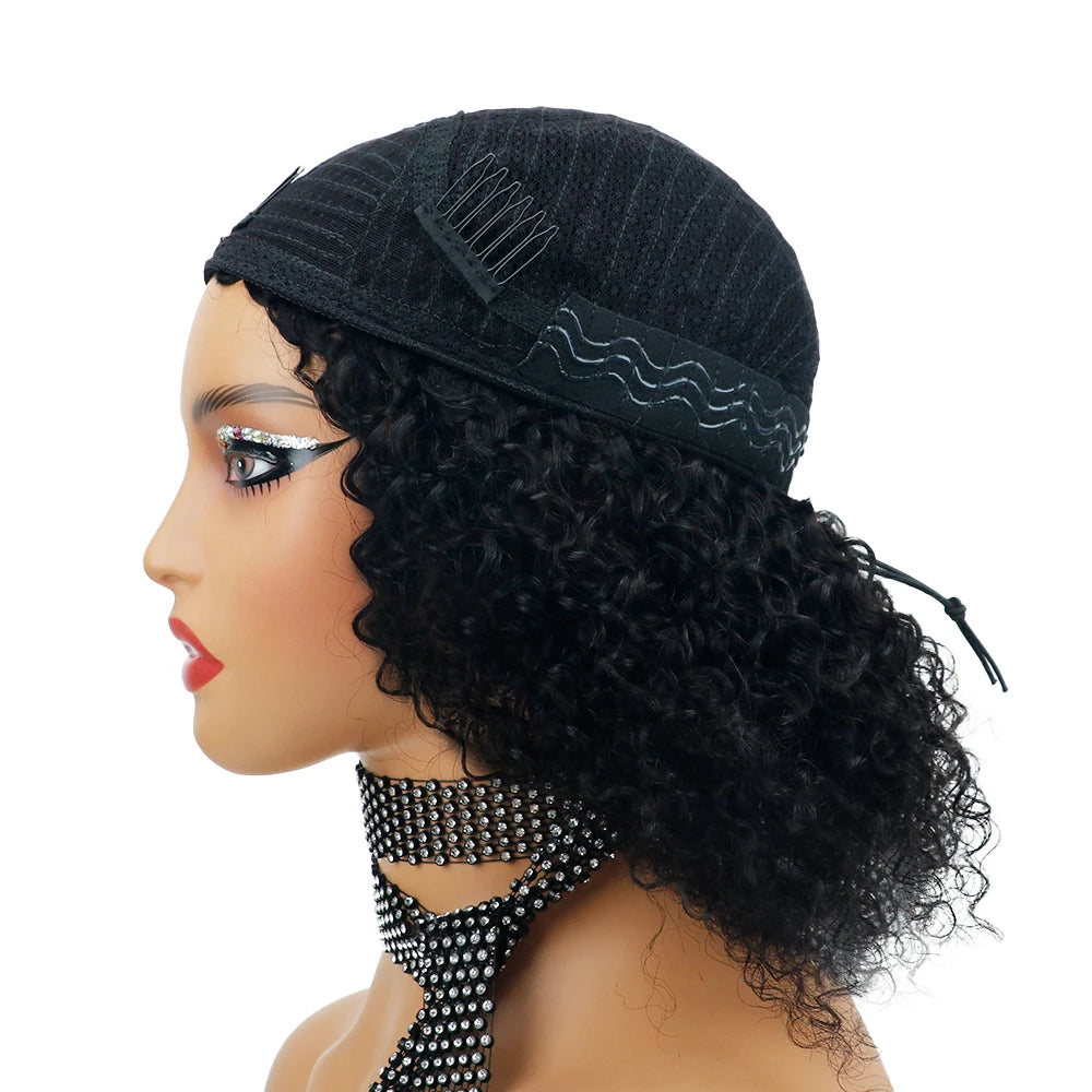 3 In 1 Human Hair Half Wig Drawstring Clip In Kinky Curly Headband Machine Wig Natural Color Seamless Natural Looking For Women