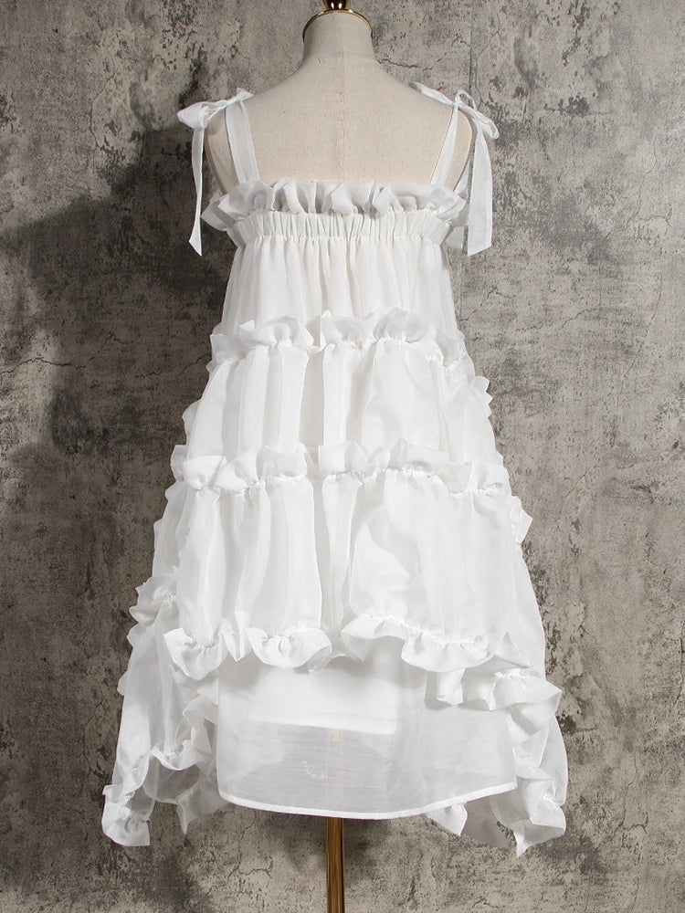 [EAM] Women Irregular Ruffles Spaghetti Strap Dress New Round Neck Long Sleeve Loose Fit Fashion Tide Spring Autumn 2026 1W571