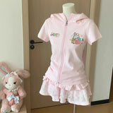 Bunny Embroidered Tops&Tees Hoodies Women Summer Y2K Japanese Soft Girl Cute Ears Hoodies Subcultural Short Sleeve T-shirt New