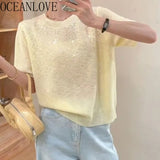 OCEANLOVE Knitted T-shirts Solid Sequins Thin Spring Summer Elegant T Shirt for Women Korean Fashion Loose Sweet Ropa De Mujer