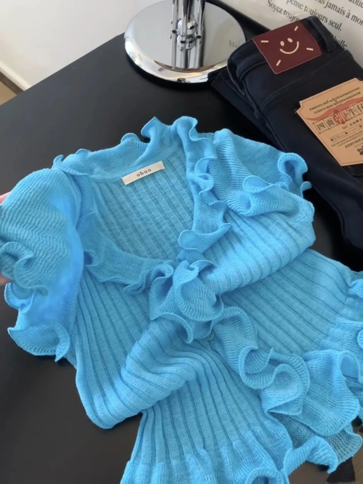 Women French Ruffled V-neck Knit Tops for 2026 Summer New Short Sleeve Slim T-shirt Female Solid Color Pullover T Shirts V27