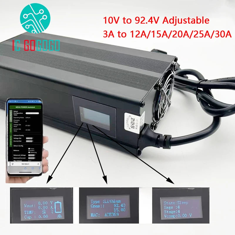 10V to 92.4V 3A to 30A Adjustable Lithium Battery Charger 24V 36V 48V 60V 72V 84V 15A 20A 25A Li-ion Ion Lifepo4 LFP Bluetooth