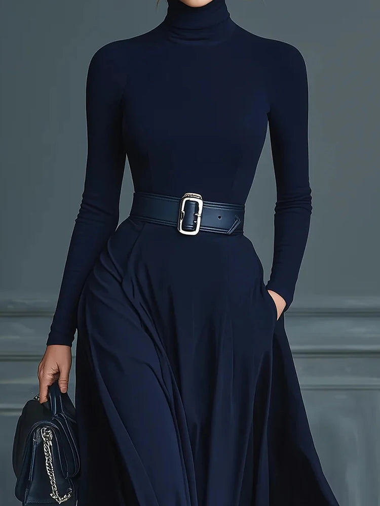 Long Sleeve Simple Holiday Party Dress Women Autumn Turtleneck Elegant Maxi Dress New Patchwork Slim Fit Ladies Dress Vestidos