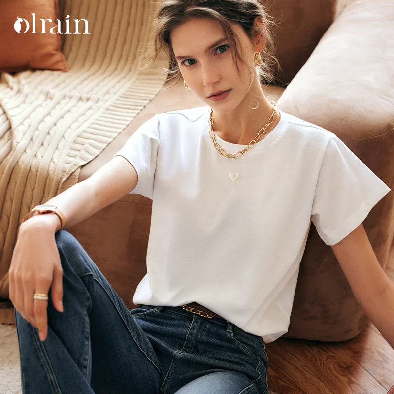 OLrain Embroidered T-shirt Woman 2026 Spring Summer Straight Commute White Cotton Casual Short Sleeve Basic Tops O22XT53052