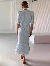 Deep V Neck Lace Trimmed Printed Dress Women Light Blue Tie Front Button Up Short Sleeve Robe Summer Lady Party Dresses 2026