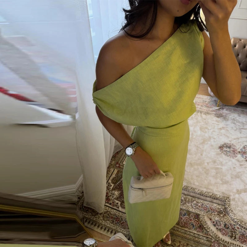 Off-shoulder Linen Maxi Dresses Women's Slim Waist-cinching Hip-wrap Ankle-length Dress 2026 New Ladies Summer Solid Outwear