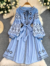 Retro Embroidered Belted round Neck Dress Women's Loose A-Line Midi Skirt Spring Summer Fashion City Commute Casual Dress