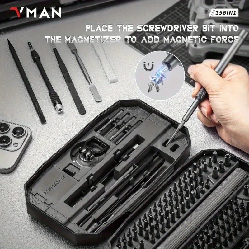 VMAN 156in1 Mini Electric Screwdriver Set Precision Repair Tools Magnetic Phillips Screw Driver Bits for iPhone PC Watch Camera