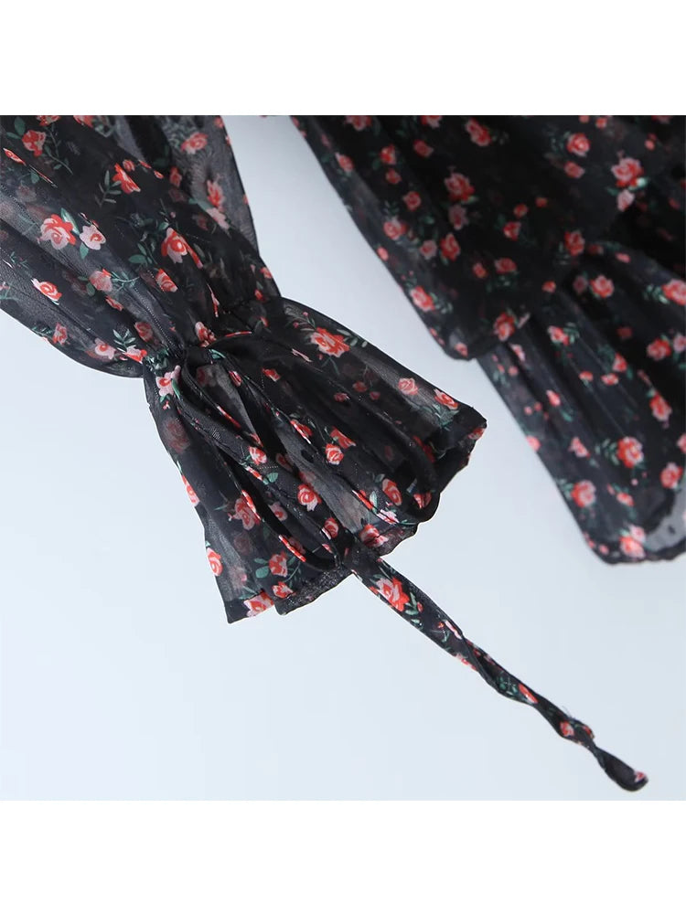YENKYE Autumn Fashion Women Vintage Floral Print Chiffon Dress Sexy Semi-Sheer Long Sleeve Layered Ruffle Ladies Short Dress