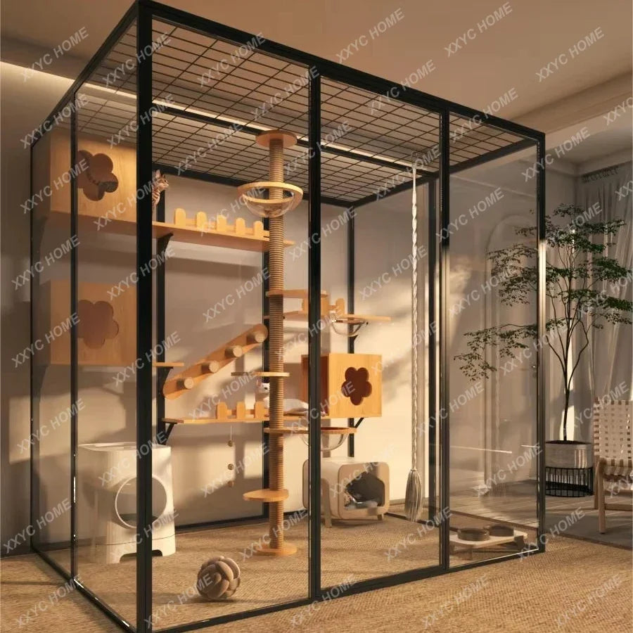 Displaying Cabinet Cat Cage Cattery Pet Products Animal Cages Solid Wooden Tempered Glass Large Luxury Cat Villa Hotel Cat House