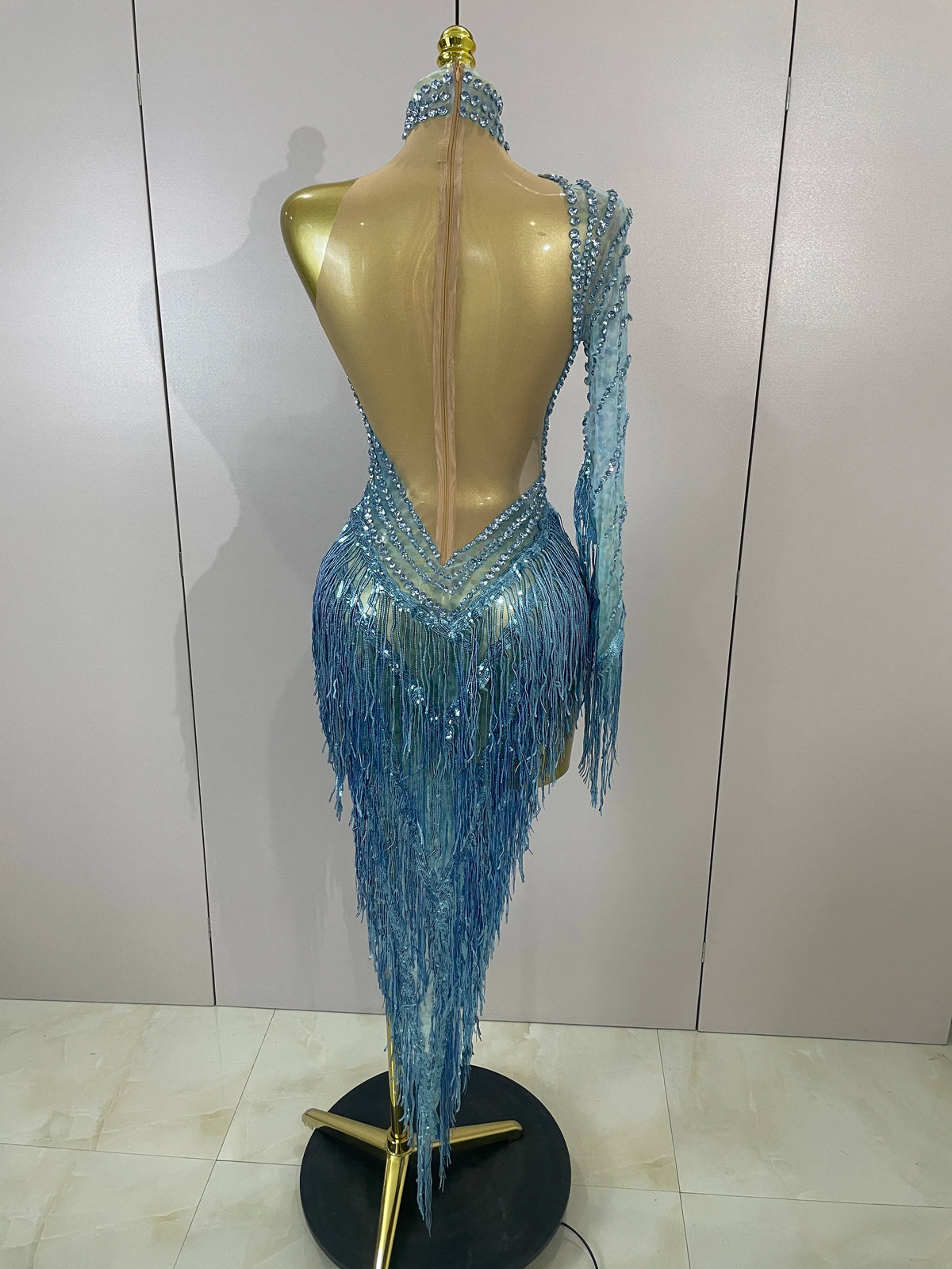 Sexy Latin Dance Outfits Sparkly Diamond Blue Rhinestone Mesh One Shoulder Tassel Dress Eveing Party Bar Nightclub Stage Costume
