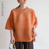 LANMREM High Quality 2026 Summer New Pleated Flare Half Sleeve T-shirt High-end Loose Fit Round Collar Pullover Tops 2DB6799