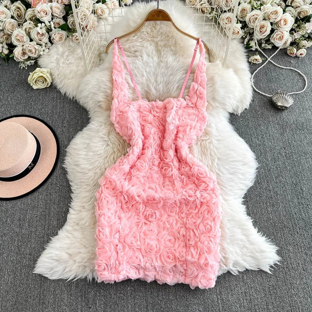 Hotsweet Straps Elegant Sleeveless Backless Lace Three-dimensional Floral Slim Short Dresses Evening High Street Autumn Clothing