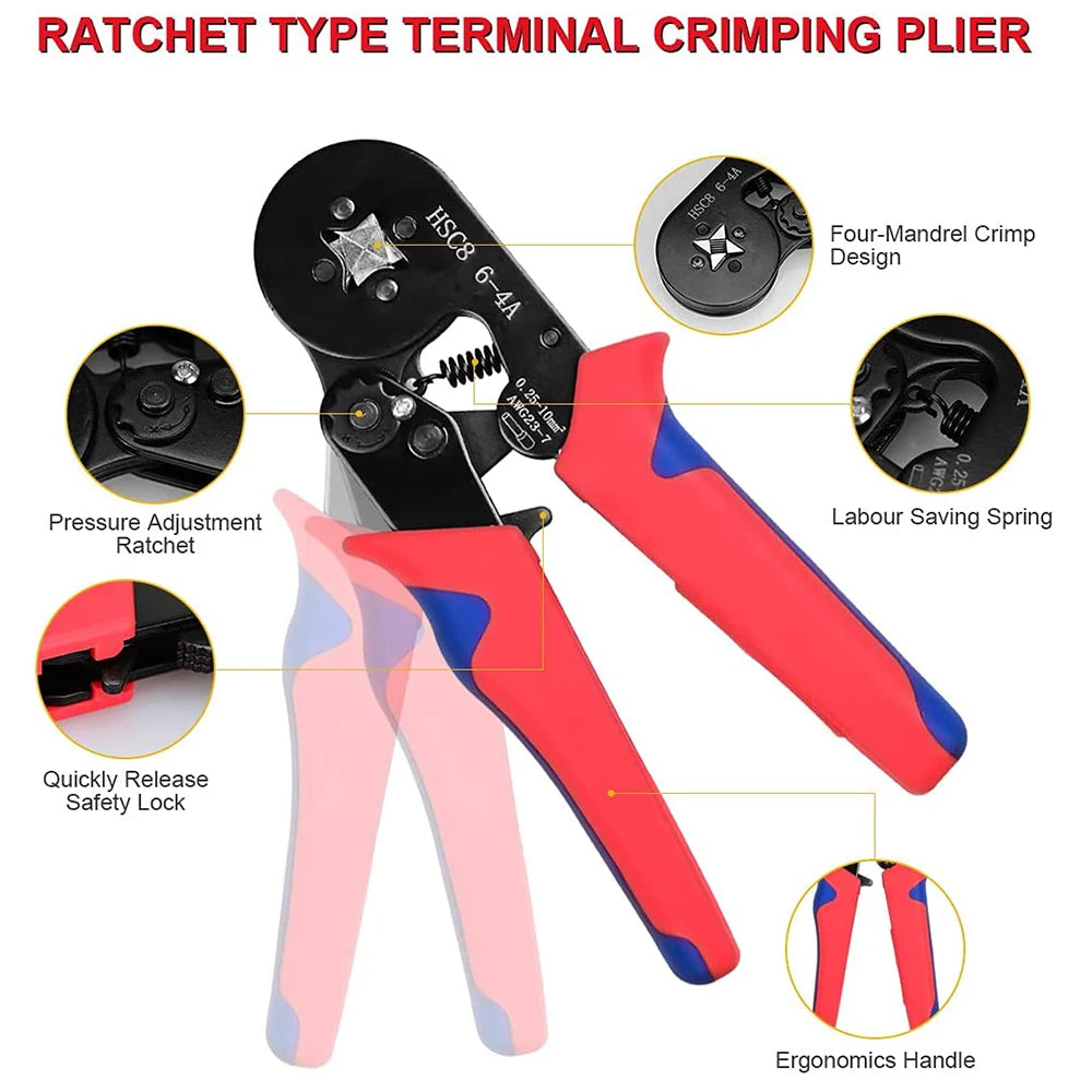 1250pcs Wire terminal crimping connector 0.25-10mm ² AWG23-7 Self adjusting ratchet wire crimping tool ferrule end crimping tool