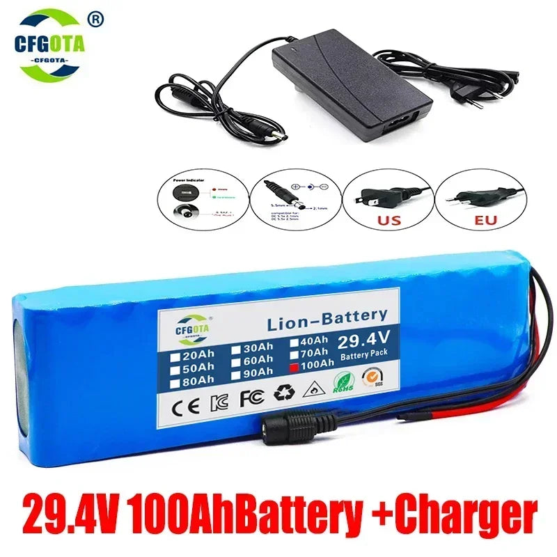 18650 Rechargeable Lithium Battery Pack 7S3P 29.4V 100Ah with BMS Suitable for 24V - 29.4V motors+2A Charger
