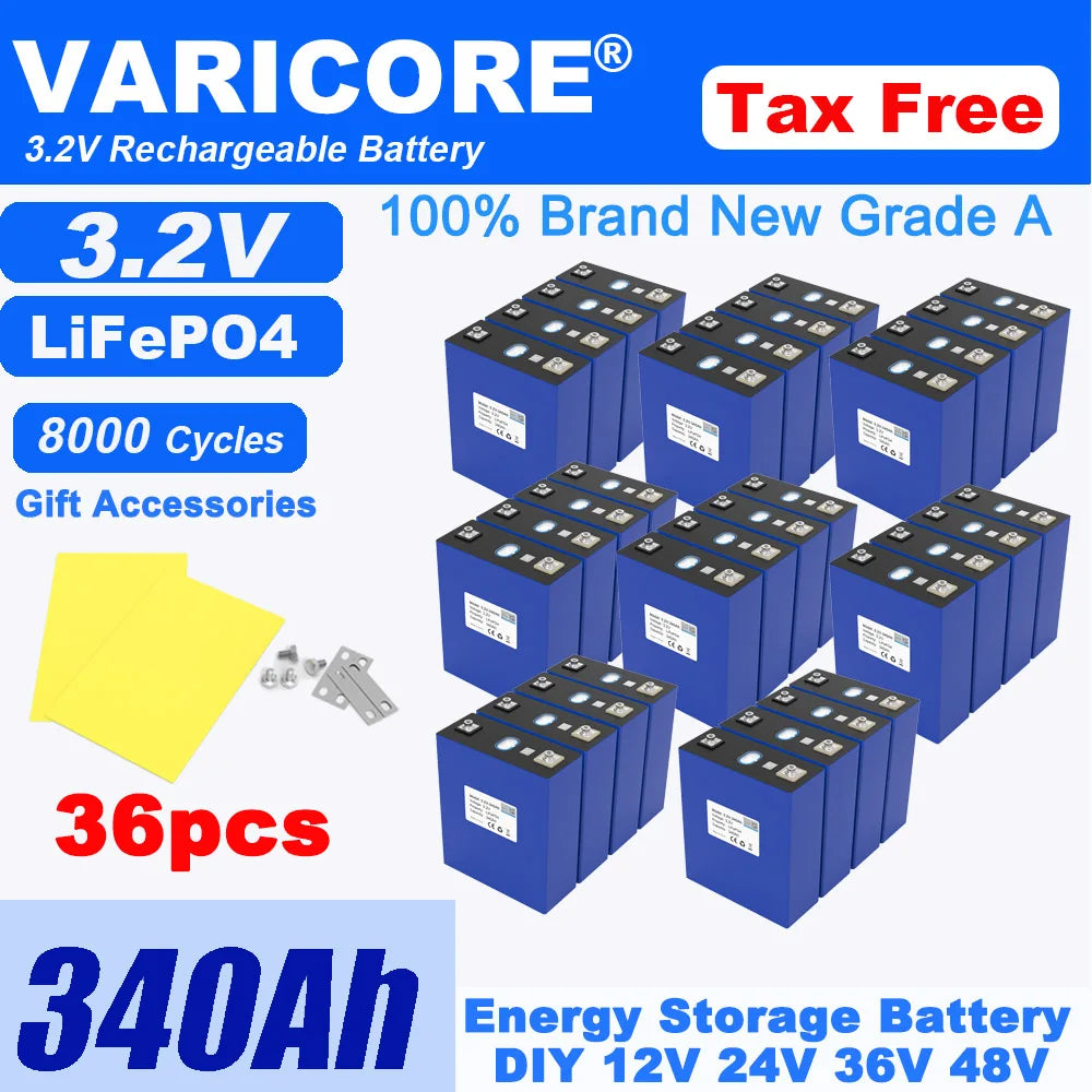 Grade A 3.2V 360AH 340Ah Battery LiFePO4 Lithium Iron Phospha for 12V 24V 4S E-scooter RV Solar Energy Storage System Duty-free