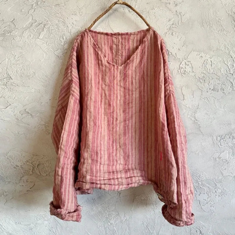 Johnature Women Vintage Striped T-Shirts V-Neck Long Sleeve Loose Linen Tees 2025 New Spring Chinese Style Female T-Shirts