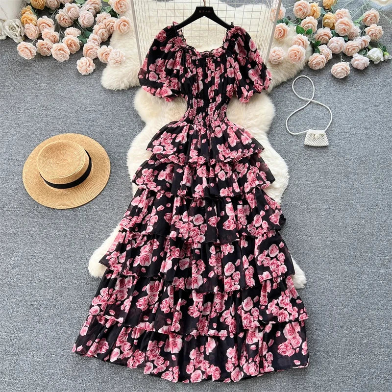 Ladies Party Vestidos 2026 Spring Autumn Retro Bubble Sleeves Lady Birthday Cake Dress High-end Korean Version Women's Dress