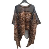 KUCLUT 2026 Summer New Faux Two-piece Mesh Patchwork Leopard Print Short-sleeve T-shirt For Women Loose Asymmetrical Tops 1A3719