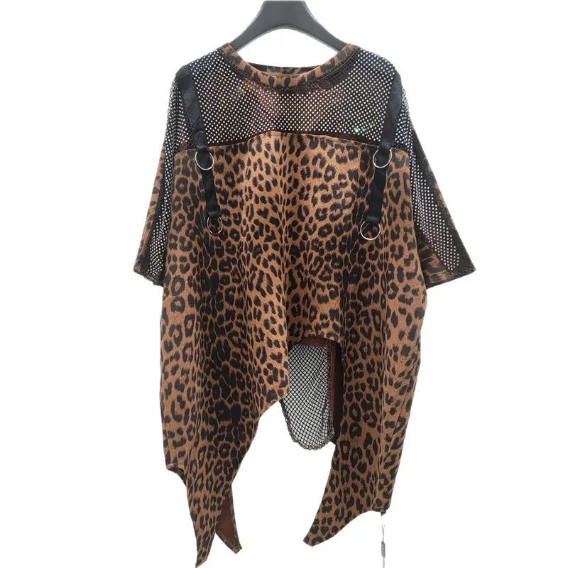 KUCLUT 2026 Summer New Faux Two-piece Mesh Patchwork Leopard Print Short-sleeve T-shirt For Women Loose Asymmetrical Tops 1A3719