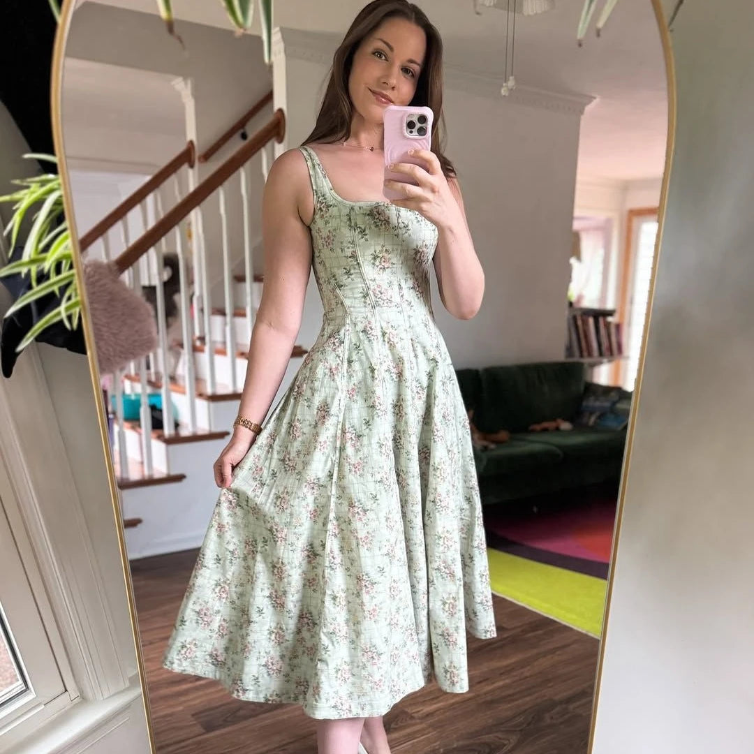 Oligai Summer Elegant Midi Dress 2025 New Arrivals Lace Up Floral Print Dress Women Sexy Corset Dress for Holiday Birthday