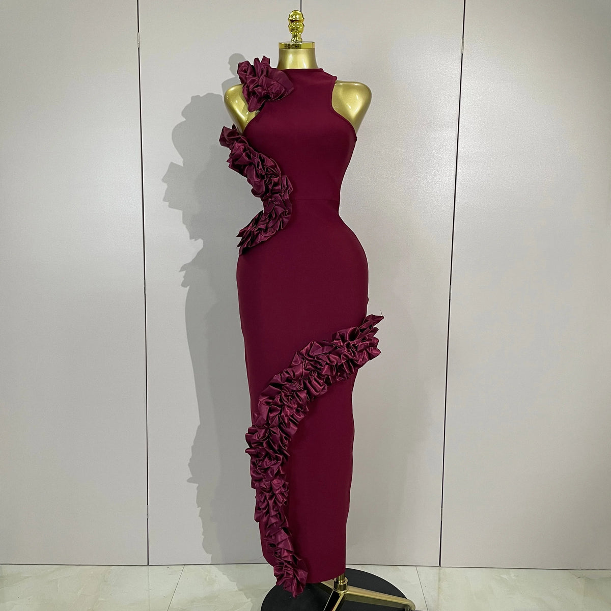Women 3D Flowers Sexy Sleeveless Wine Red Long Bodycon Bandage Dress Knitted Celebrity Elegant Evening Luxury Club Party Dresses