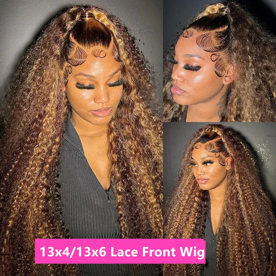 Curly 360 Full Lace Glueless Wig Human Hair Invisible Drawstring 13x6 Hd Lace P4/27 Highlight Deep Wave Frontal Wigs For Women
