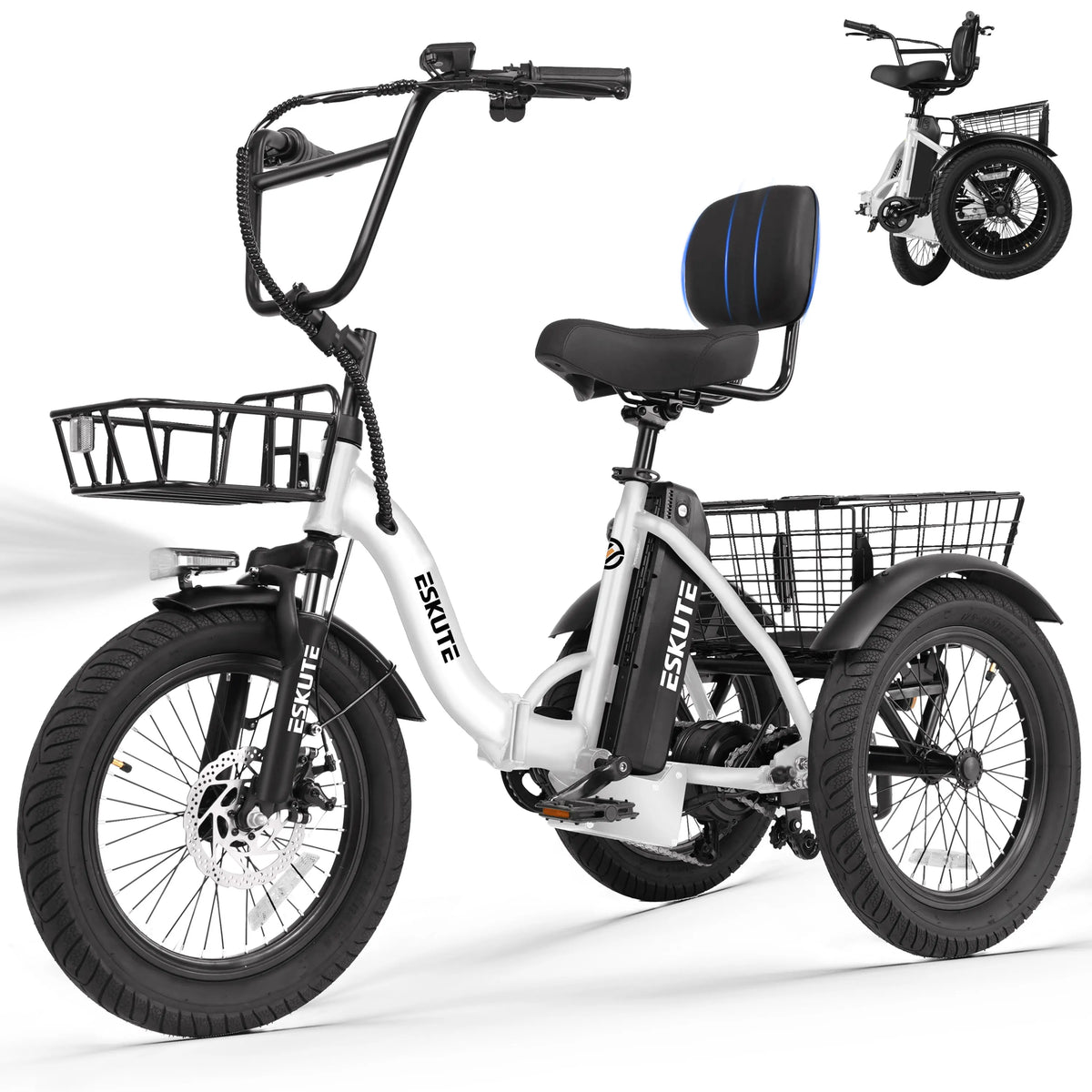 ESKUTE T300 Electric Bicycle Trike for Adults, 624Wh Battery, 1200W Motor eBIKE, 18"x3.0" Fat Tires, Foldable 3-Wheel E-Bike