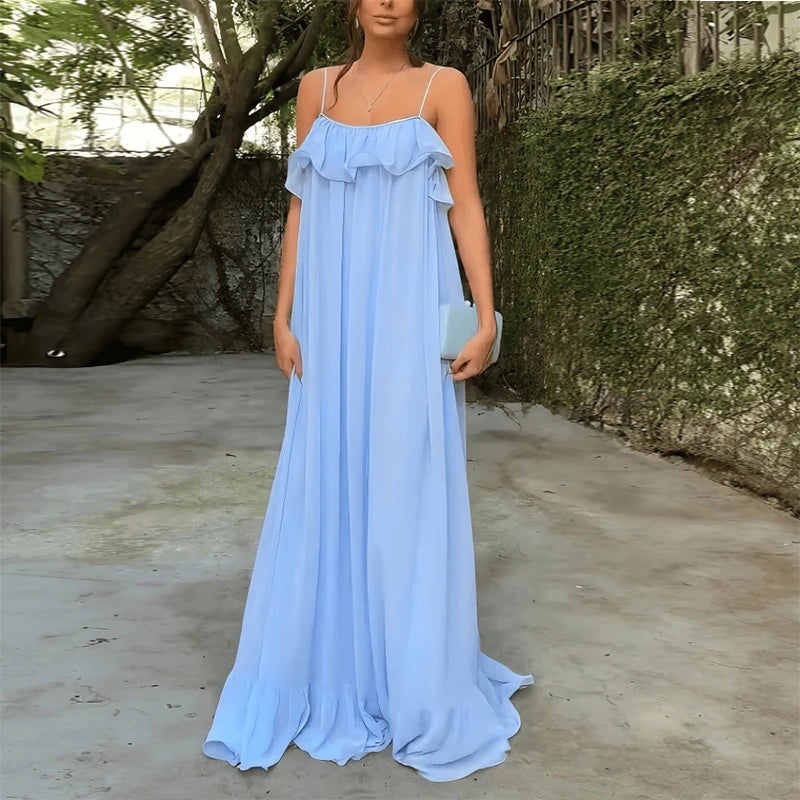 Women's Lace Hem Draped Maxi Dress Sweet Sleeveless Backless Ruffle Hem Dress 2026 Summer Casual Vacation Streetwear Lady Dress