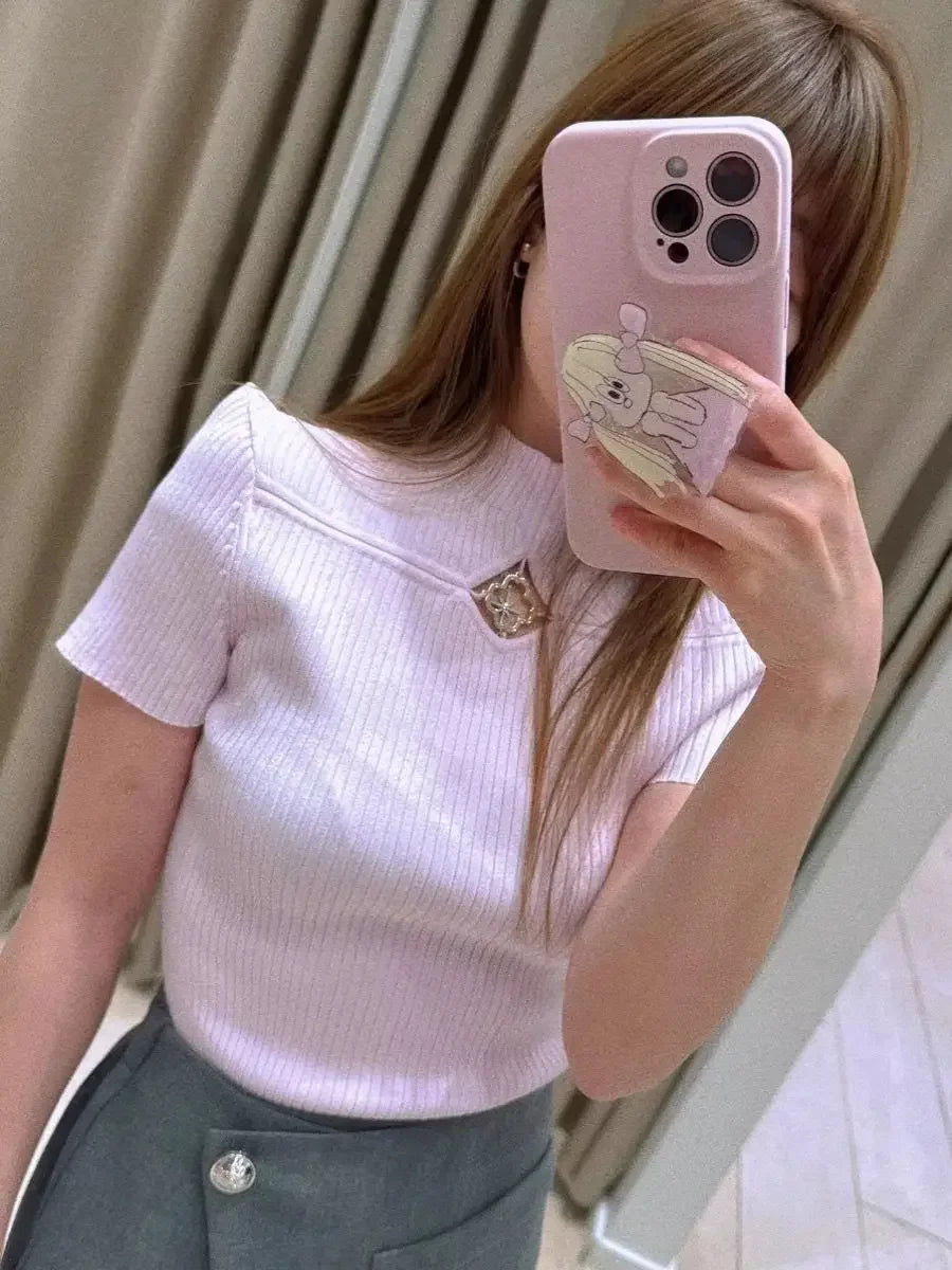 Pink Women Hollow Out Slim Simple Knitted Tee O-Neck Short Sleeve Tops Summer