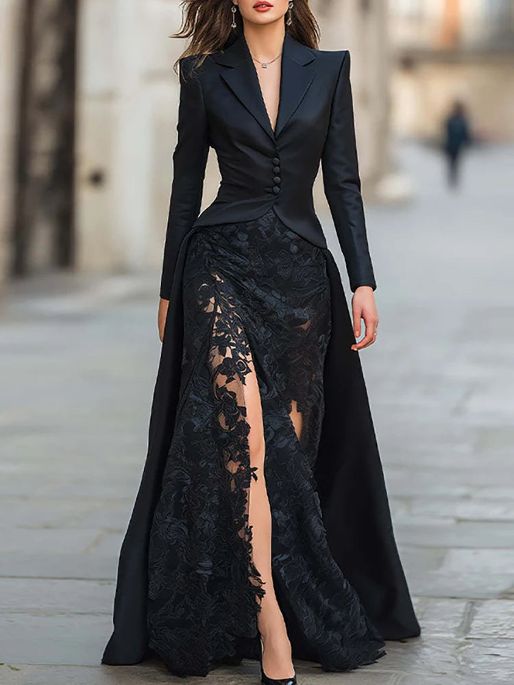 Casual Long Sleve Solid Slim Party Dress Winter Elegant Lace Patchwork Maxi Dresses Autumn Sexy V-neck Button Formal Long Dress