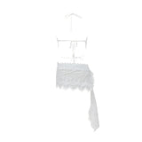 Women Openwork Short Lace Stylish Ruffled mini Dress Halter Neck See-Through Floral Lace Suitable Vacation Nightclub Wear