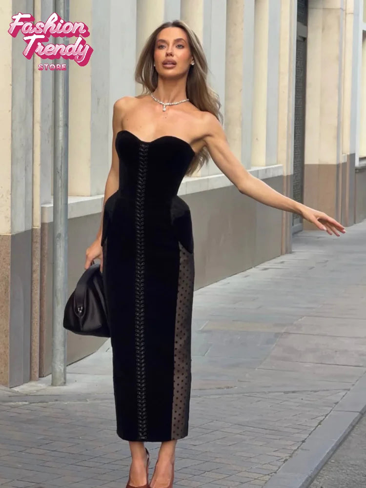 Heart Neck Strapless Velvet Dress Women Sexy Sleeveless Off Shoulder High Waist Slim Long Gown 2026 Elegant Party Evening Wear
