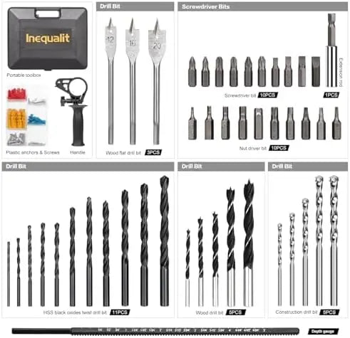 Inequalit 4.5A Corded Hammer Drill with 105-Piece Set & Carry Case