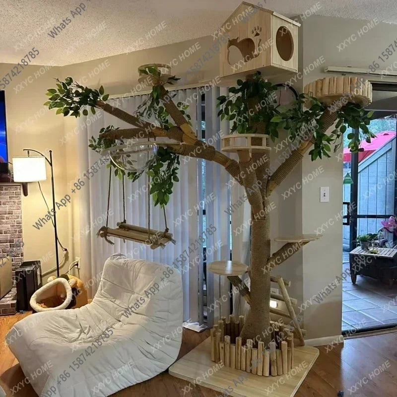 C Large Cat Climbing Frame Solid Wood Trunk Wear-resistant, Cat Coffee House Decorative Tree, Nest Cat Tree Integrated
