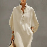 Summer Holiday Bohemian Long Dress Women's Sexy Stand Collar Button Elegant Party Dresses Spring Batwing Sleeve Loose Maxi Dress