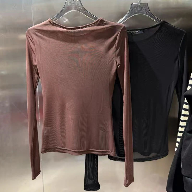 KUCLUT Fashion New Items Sequin Long Sleeve T-shirt For Women Slim Fit Casual Style Perspective Tops Female Trendy 1A2475