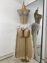 High Quality Women Sexy Straplss Crystals Diamonds Feather Luxury Party Dress Designer Mesh Transparent Performance Stage Outfit
