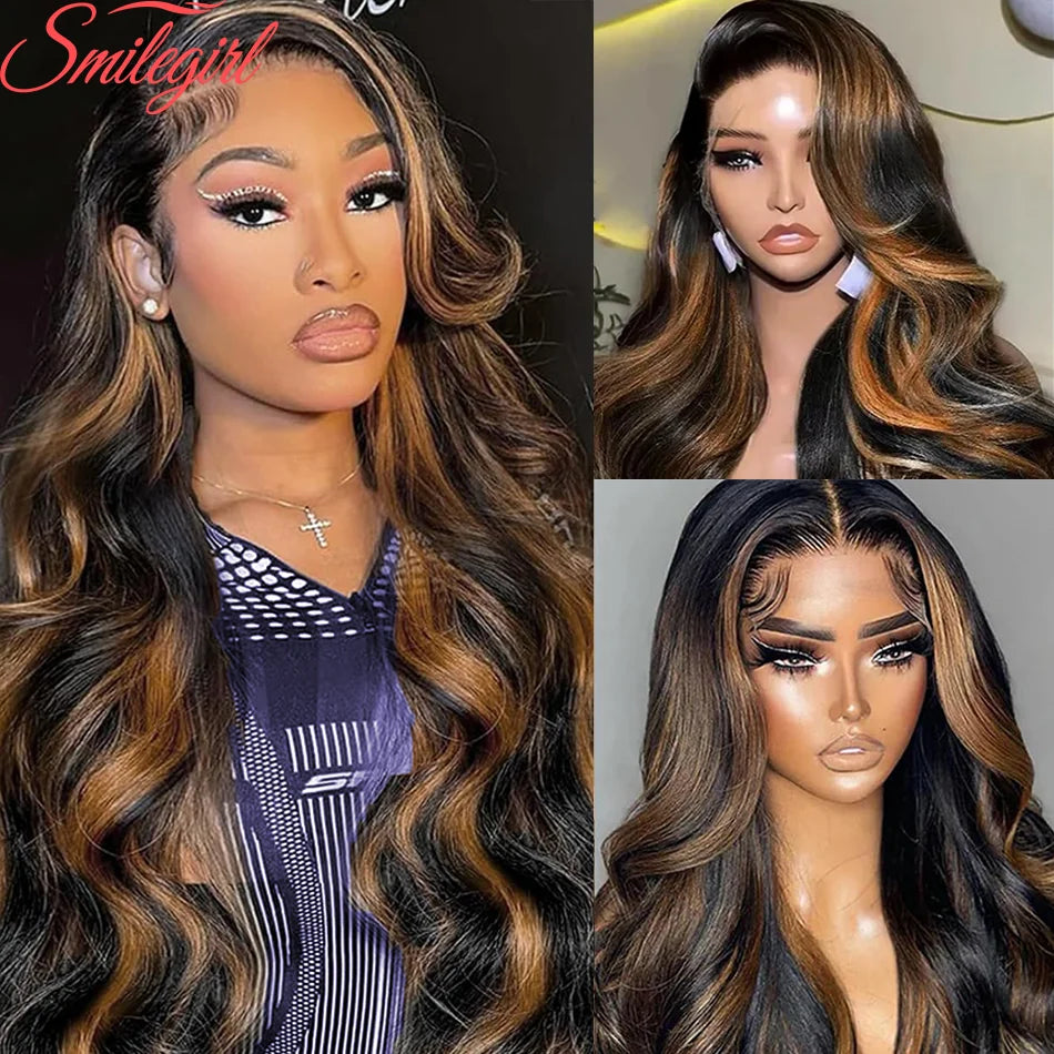 Highlight Ombre Lace Front Wig Human Hair Body Wave Pre Plucked 1B/30 Lace Front Human Hair Wig 200 Density 30 Inch For Women