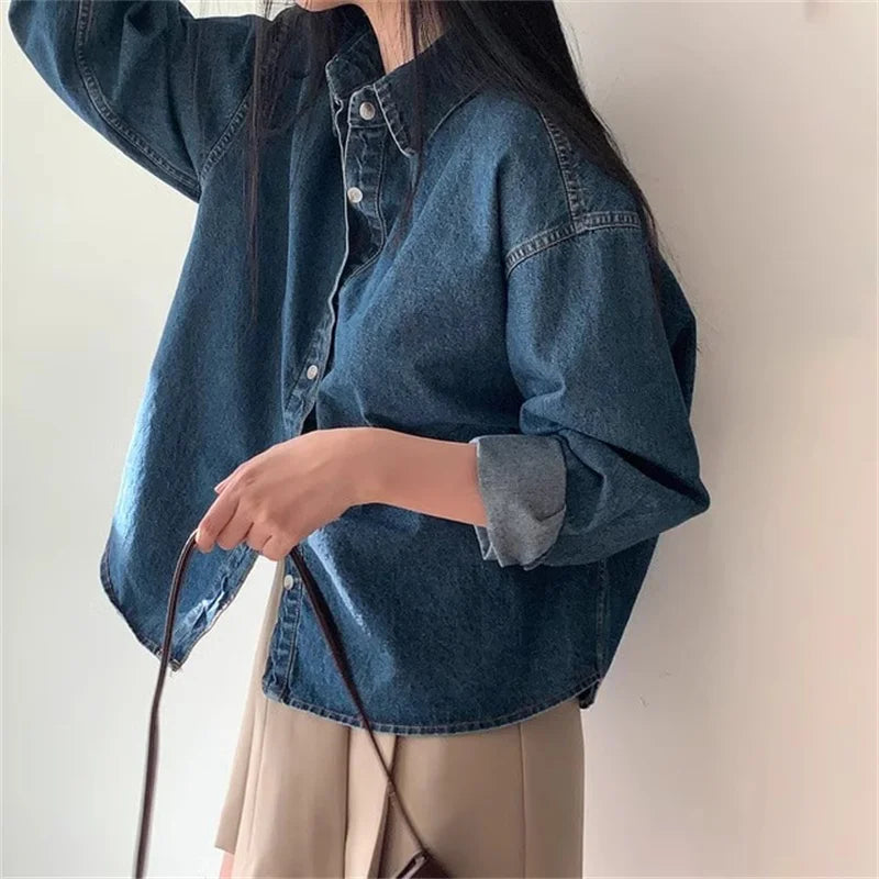 Korean Loose Casual Women's Denim Shirt Vintage Outerwear Spring Fashion Blusas Tops Long Sleeve Thin Casual Coats Street