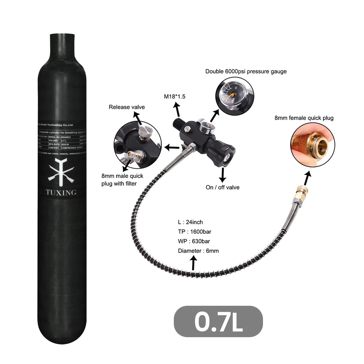 TUXING 300Bar 4500Psi 0.7L 700cc Carbon Fiber Cylinder High Pressure Diving Tank HPA Bottle for Mini Scuba Diving M18*1.5