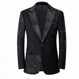 Men Sparkling Rhinestone Tuxedo Suit 3‑Pcs Set Blazer+Pants+Bow Tie Slim Fit Black Crystals Beading Wedding Groom Prom Party Stage Performance Formal Costume Homme