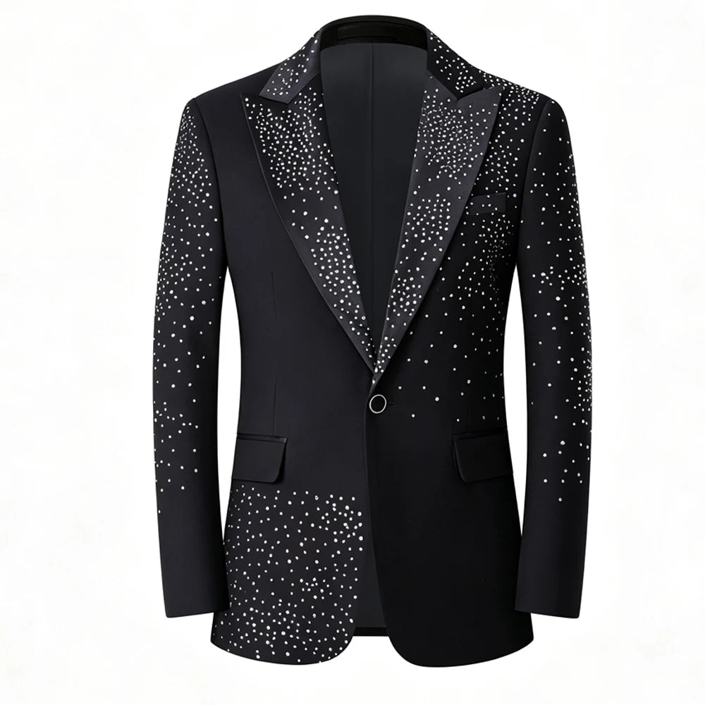 Men Sparkling Rhinestone Tuxedo Suit 3‑Pcs Set Blazer+Pants+Bow Tie Slim Fit Black Crystals Beading Wedding Groom Prom Party Stage Performance Formal Costume Homme
