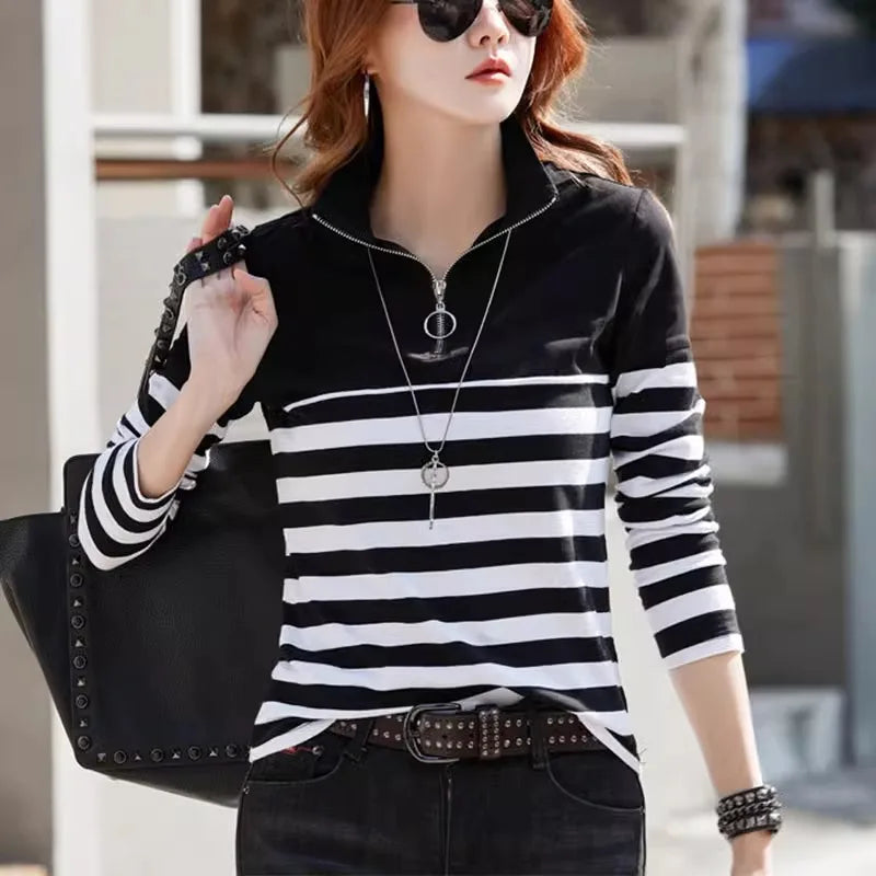 2024Women's Shirt Fashion Top LongSleeve T-shirt Spring and Autumn New Style High end Fashion Polo Collar Stripe Slimming Casual