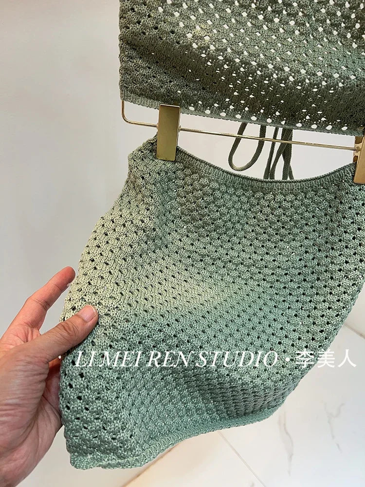 New Green Knitted Hollow Neck Strap Skirt Split Bikini Swimsuit Women's Set